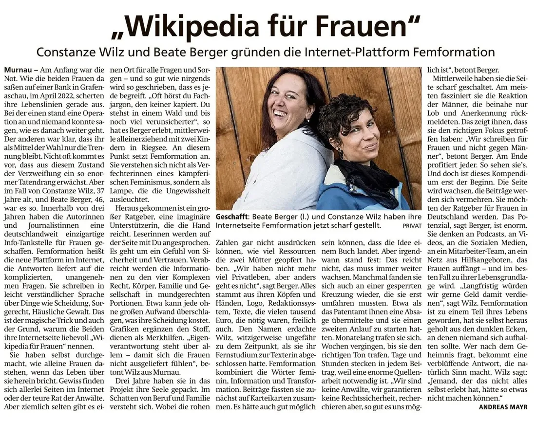 Artikel Wikipedia für Frauen im Murnauer Tagblatt über die Gründerinnen von Femformation
